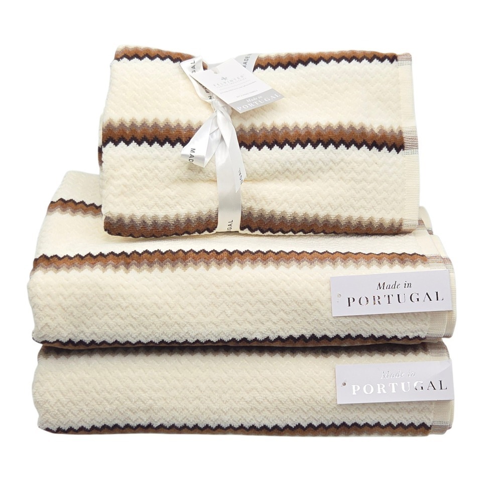 Felpinter 6pc Cotton Bath Hand Towel Set Chevron Stripe Cream Brown Portugal - Picture 16 of 16